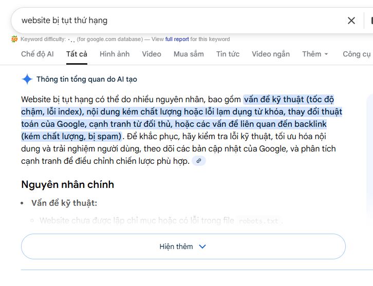 website tụt rank trong google search